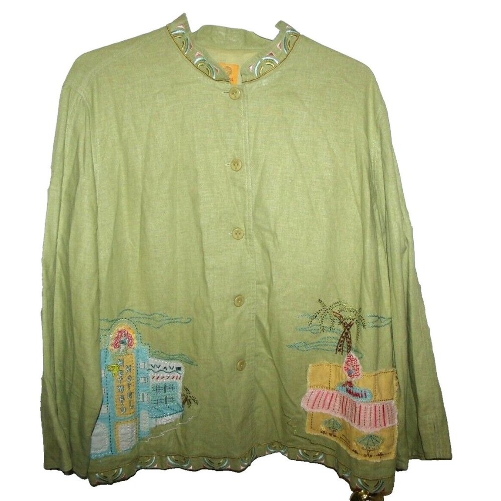 Ruby Rd Green Embroidered Beaded Hawaiian Jacket Top 24W Linen Rayon Blouse